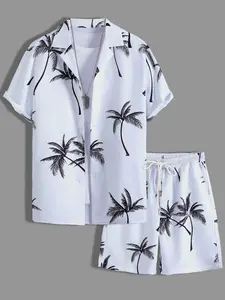 Men's White & Black, Tropical Palm Tree Print Loungewear Set - Short-Sleeve Button-Up Shirt (Rolled Cuffs) + Drawstring Shorts, Ultra-Soft Smooth Fabric, Relaxed Oversize Fit, Perfect for At-Home Lounging, Evening Movie Nights, Lazy Weeke