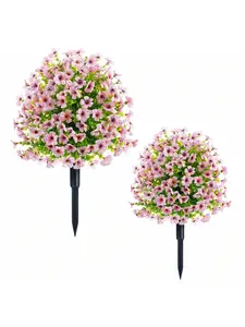 2-Piece Fake Outdoor Flowers Set - Lifelike Faux Violet Topiary Ball Trees with Ground Spike, UV-Resistant Faux Boxwood Eucalyptus Shrubs with Stake, Evergreen Plant Brush for Outdoor Porch Garden Decor