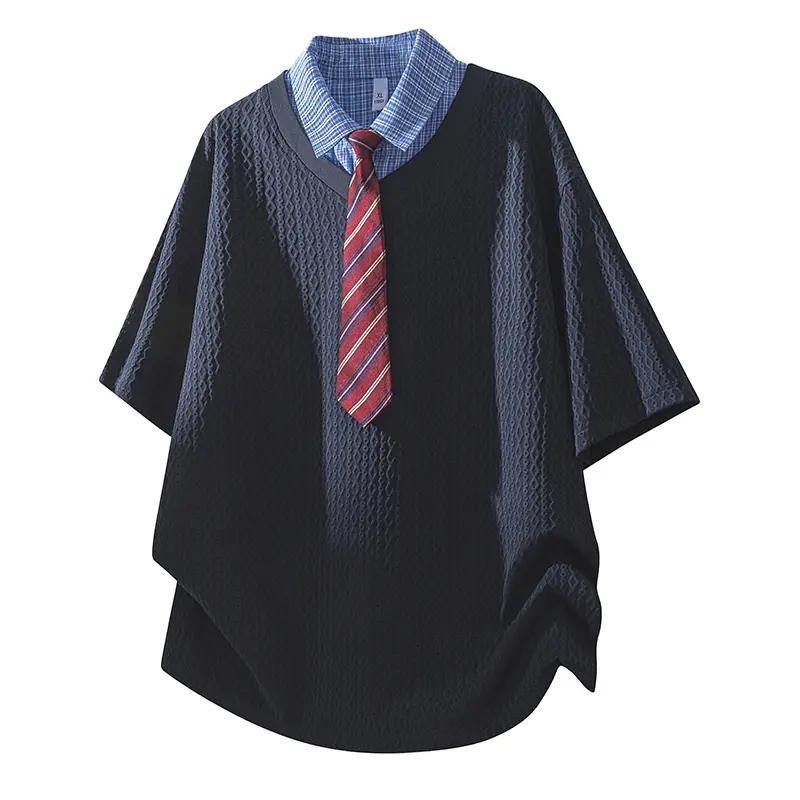 New summer men’s shirt featuring a faux two-piece collar design—short sleeves, ice silk fabric that resists heat for cooling, quick-drying, loose fit, student-friendly youthful versatile style; suitable for everyday casual wear and commuting. #SummerWins