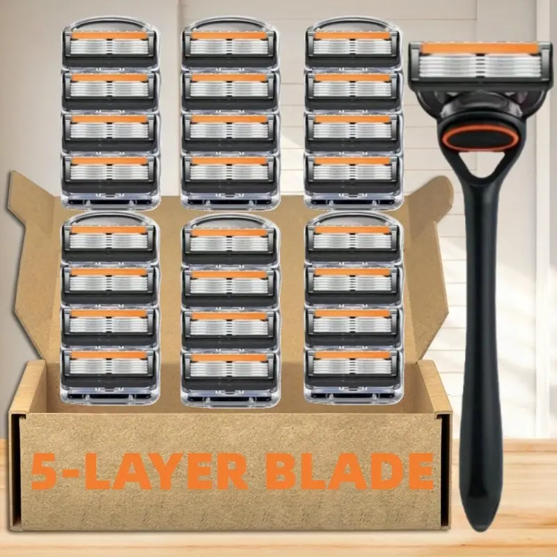Classic Men's Manual Shaving Razor Set, 5 Layer Stainless Steel Blades, 1 Handle + 24-48 Blades, Rust Resistant, Easy to Use and Replace