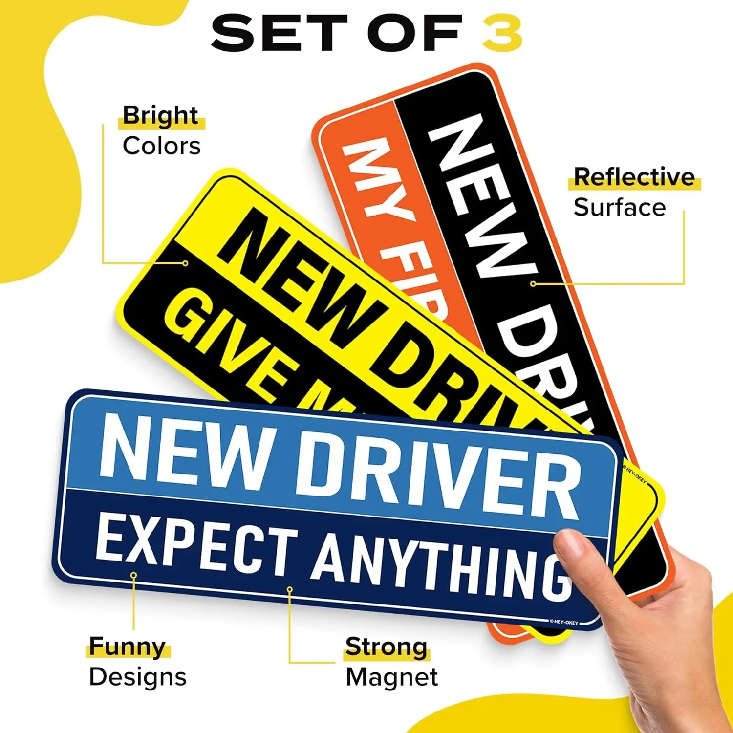 3-Pack New Student Driver Magnet for Car, Metal Only, Funny Please Be Patient, Reflective Magnetic Bumper Sticker, Windshield Sticker, Removable Rookie Safety Signs, Funny Car Decals, Car Magnets And Decals