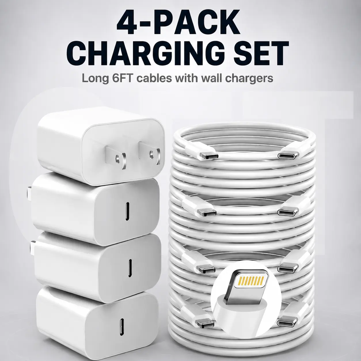 6FT Super Fast Charging 4-Pack Type-C Wall Charger Block with 4-Pack USB-C to Lightning Cable for iPhone 14/13/12,AirPods Pro, Mobile Smartphone
