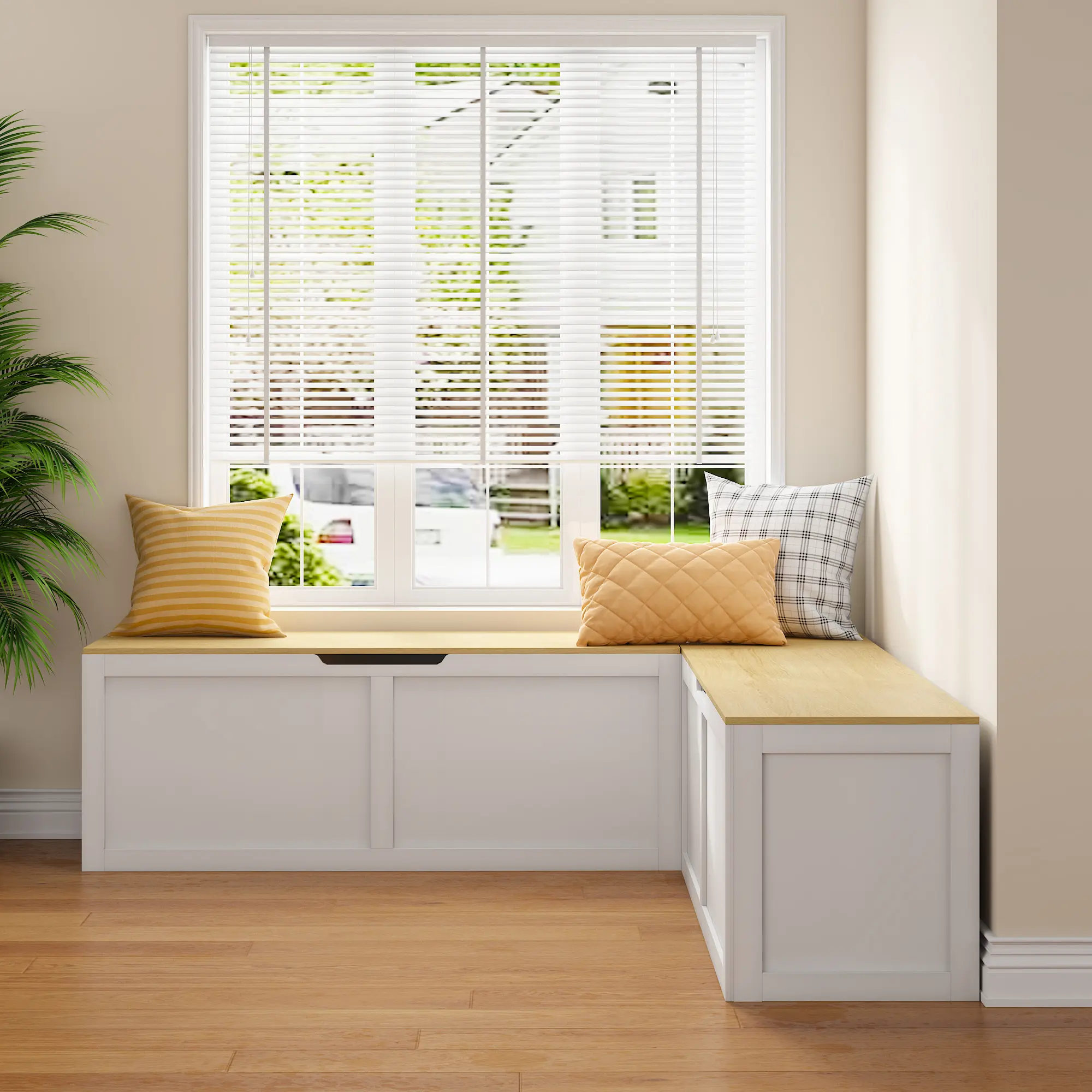 L-Shaped Hidden Storage Bench with Lift Top, Backless Small Storage Bench with Oak Veneer, Space-Saving Corner Breakfast Nook (Seats 4, Requires Assembly) for Kitchen Dining Room, White & Light Wood, 63.8”W x 63.8”D x 19.9”H