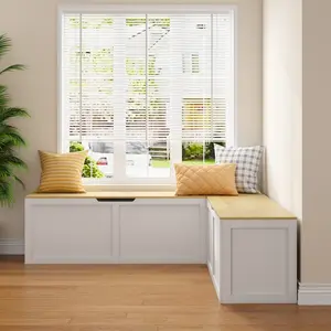 L-Shaped Storage Bench with Lift Top Hidden Seat, Space-Saving Corner Breakfast Nook for Kitchen Dining Room, Backless, White & Light Wood，63.8”D x 63.8”W x 19.9”H