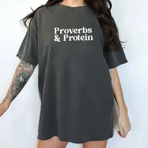 Oversized Christian Gym T-Shirt, Vintage Washed Proverbs & Protein Graphic Tee, Funny Faith Based Workout Shirt for Women, Aesthetic Religious Fitness Apparel, Trendy Christian Gym Gift for Her, Comfort Colors Style Daily Wear