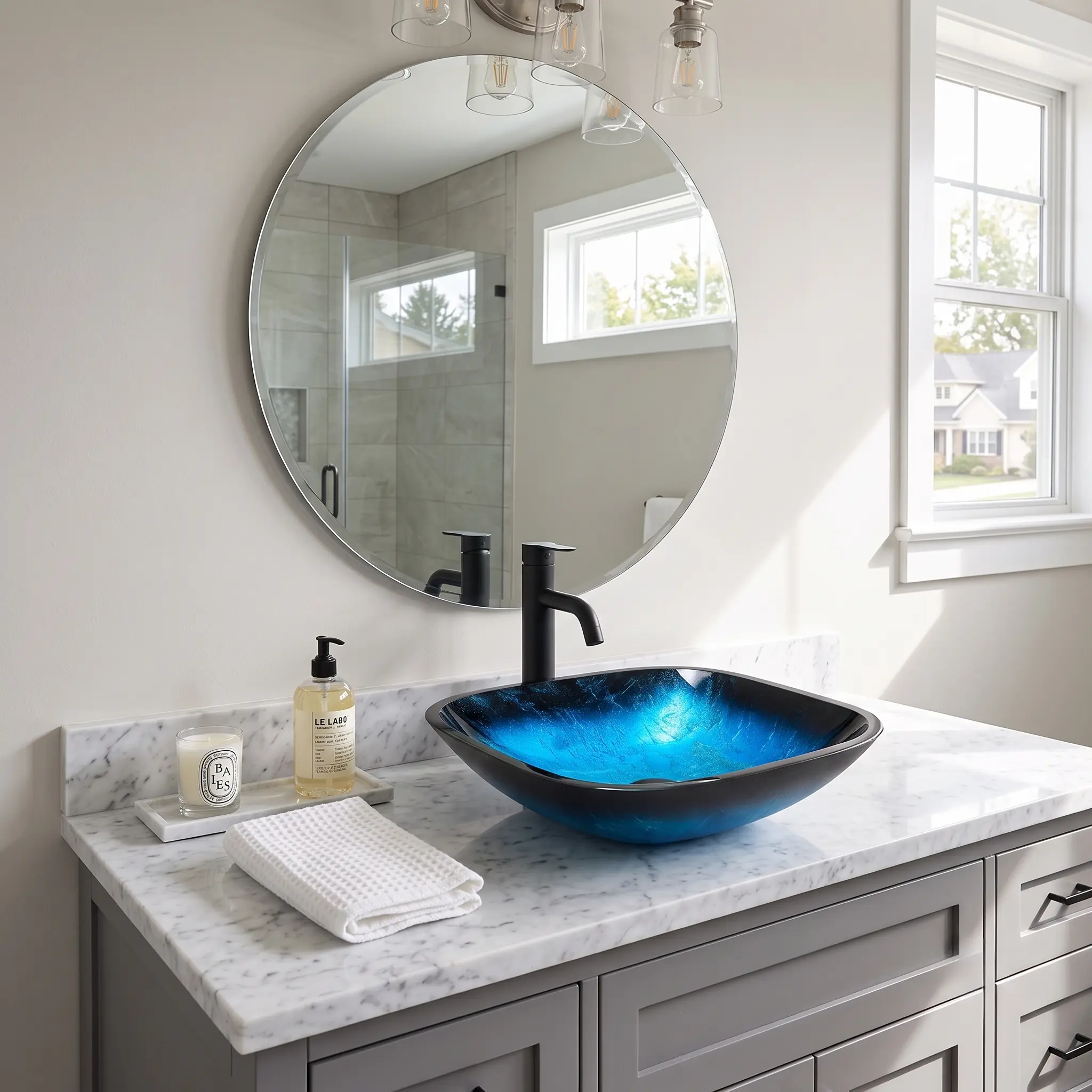 Logmey 16" Square Blue Gradient Tempered Glass Vessel Sink Kit with Matte Black Faucet & Pop Up Drain, Above Counter Bathroom Vanity Sink for Powder Room