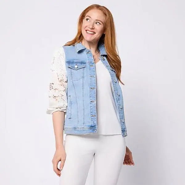 DG2 by Diane Gilman Stretch Lace Sleeve Classic Denim Jacket