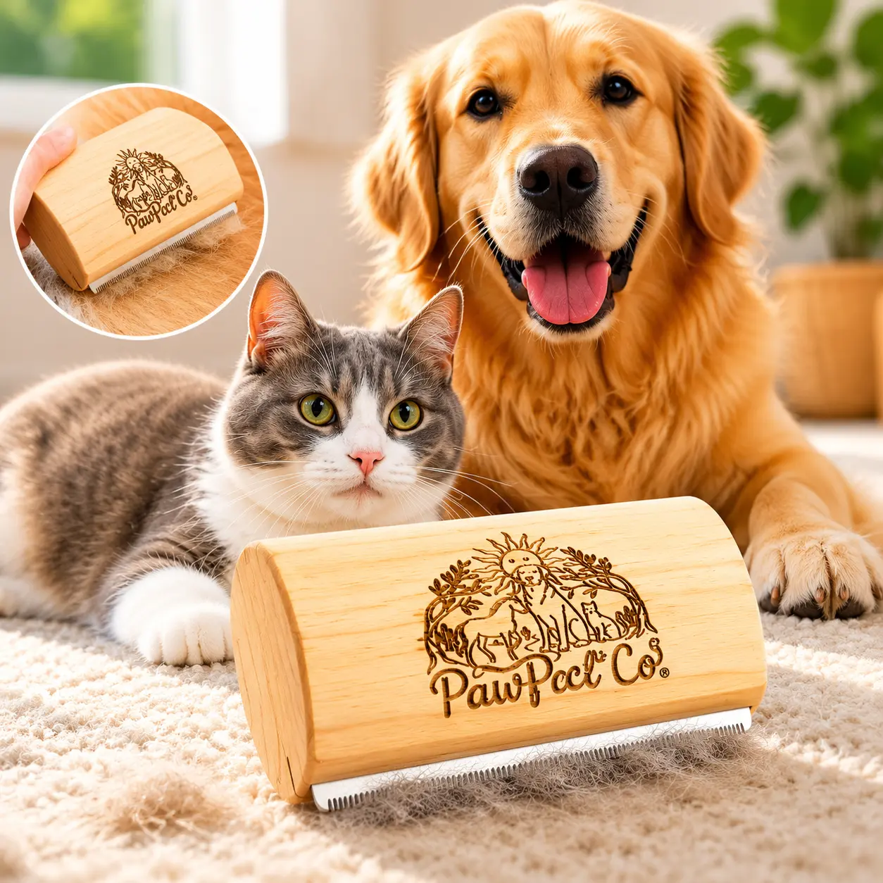 Natural Eco-Friendly Rustic Wooden double-sided Deshedding Pet Brush - Groomer Tools for Dog & Cat Hair Care, Clean Holiday Essential with Stainless Steel Blade, Extra-Wide Design, Easy Removal for Long & Short Hair, Upgraded Version supplies fur, Hair Ca