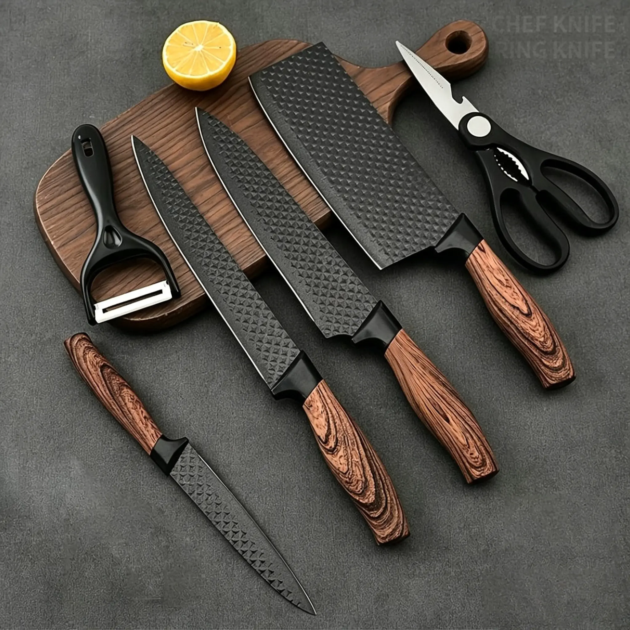Professional 6-18piece kitchen knife set, includingchef'sknife, slicing knife, paring knife, and scissors, madeof high-carbon stainless steel for exceptional sharpness,with non-stick ergonomic wooden handles. This chef'sknife set issuitable for home