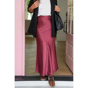 Satin Elastic Waist Semi Flare Long Skirt