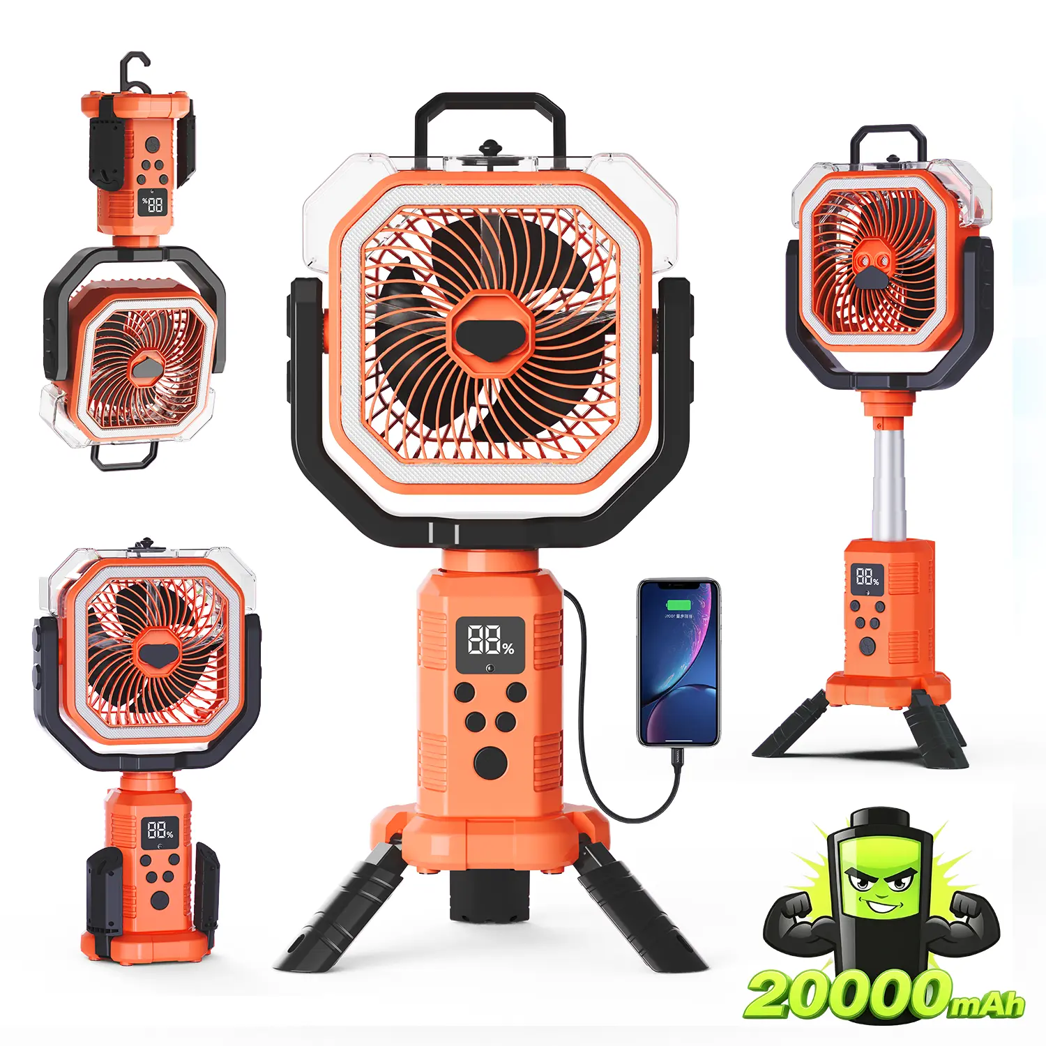 20000mAh Wireless Battery-Powered Misting Fan with USB-C, 400ml Water Tank, Adjustable Stand, Oscillation, Remote Control, Mist + Light - 15+ Hours Cooling - Ideal for Tent, Patio