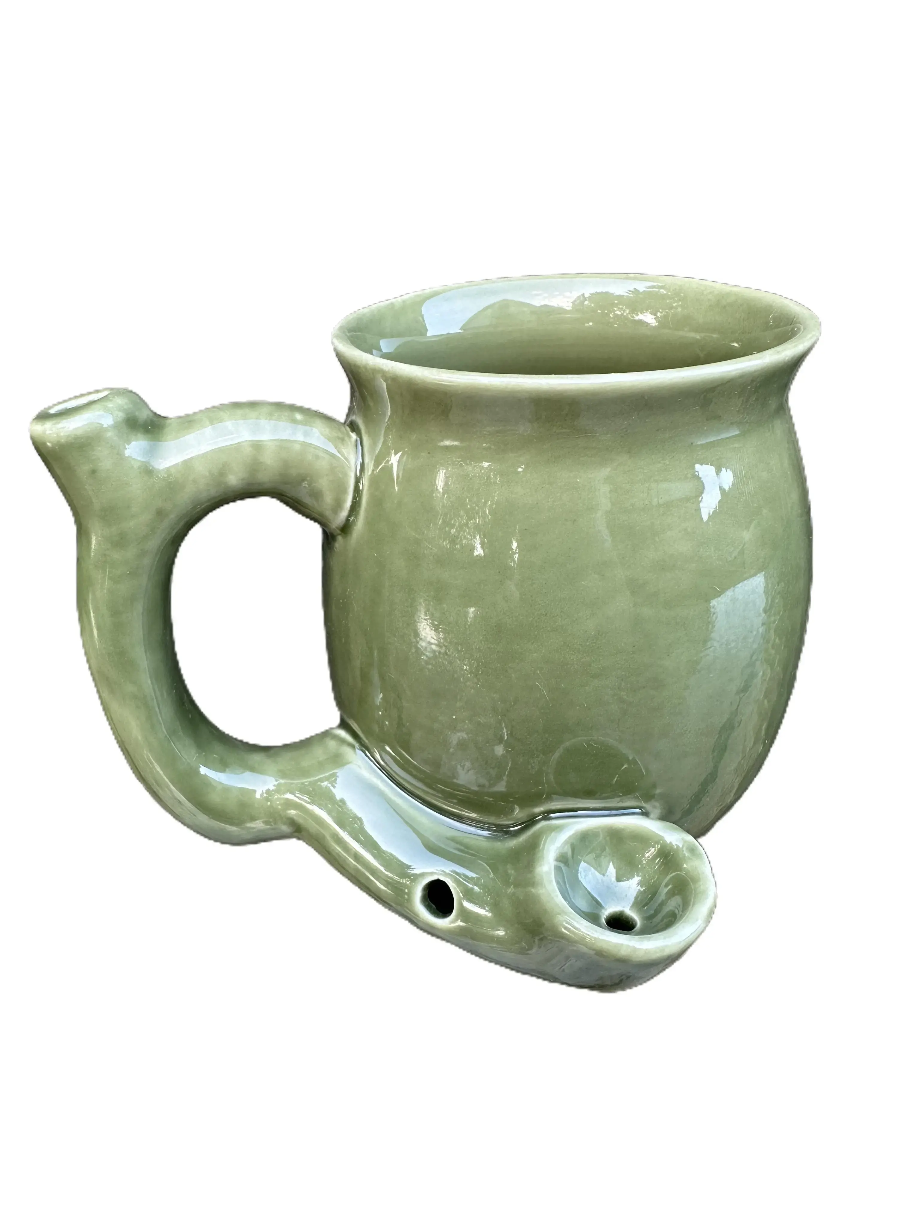 Handmade Ceramic Novelty Coffee Pipe Cup - Green, Washable Drinkware for Coffee Enjoyment, Conversation Piece