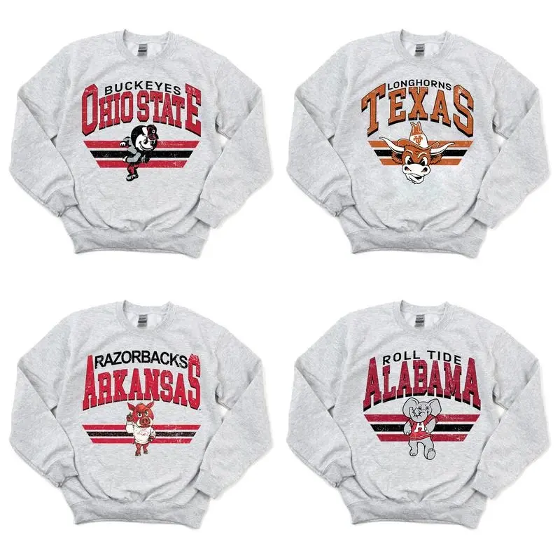 Retro Football College Football Mascot Crewneck Sweatshirt Classic Menswear Tops Cotton Sweaters Sport Fabric Casual