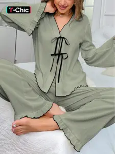 Women's Solid Loungewear Set, Casual Comfy Long Sleeve Top & Pants PJ Set, Ladies Sleepwear Pajama Set for All Seasons