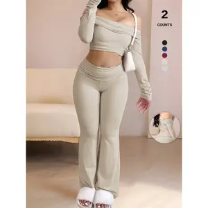 Women’s Two-Piece One-Shoulder Long-Sleeve Crop Top and Bell-Bottom Pants Set, Fashionable, Sexy, Casual, Comfortable Loungewear