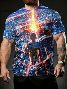 men's short sleeve t-shirt Cityscape Superman Flight Night Glow spring and summer 3D printing sports leisure Eagle and America, comfortable fit, printed comfort, round neck short sleeve, colors