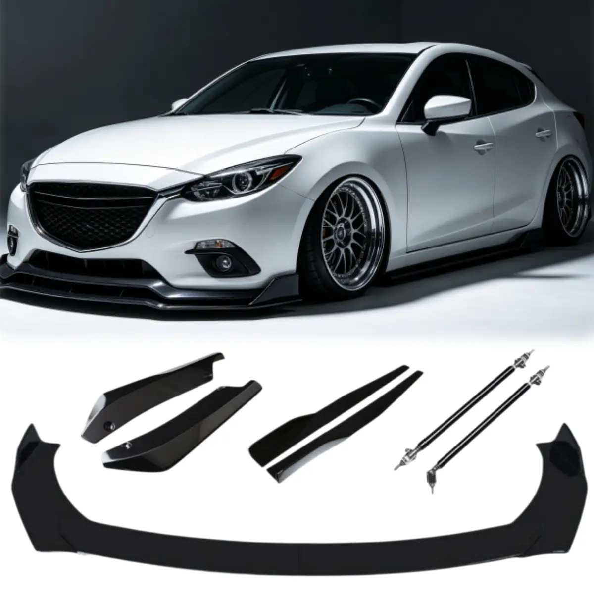 for Mazda Mazda3 Axela (2017-2025), Atenza, CX-4/CX-5 - 9PCS / 7PCS Glossy Front Bumper Lip Splitter Kit, Adjustable 4-Section Front Chin Spoiler, Side Skirt & Rear Bumper Lip Protection Spoiler