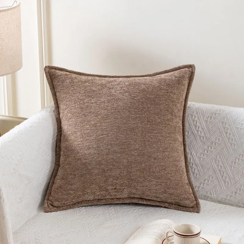 Light luxury solid-color chenille-trimmed throw pillow, living room sofa backrest cushion, thick and soft, square shape, removable and washable
