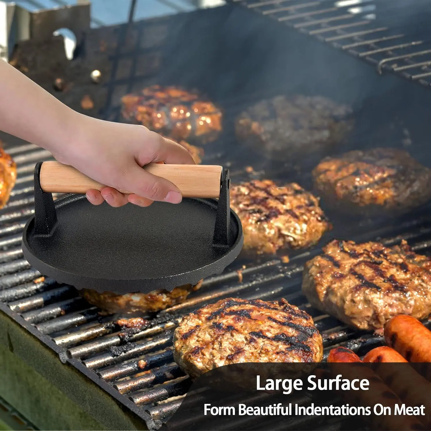 Burger Press 6.9 Inch Round Heavy Duty Cast Iron Hamburger Press with Wooden Handle, Meat Press,Bacon and Steak Meat Press, for Griddle,Barbecue Grilling Tool