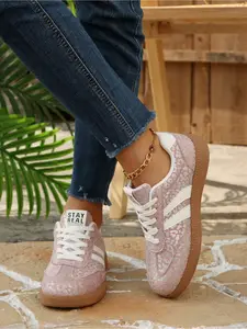 Vintage Leopard Print Sneakers, Pink/Blue, Comfortable Shoes for Commute & Shopping