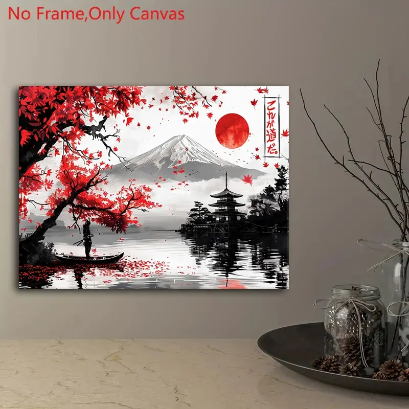 1 piece/set frameless canvas print poster, Art canvas prints, painting, classic calligraphy ink art, Japanese Mount Fuji Samurai painting, perfect gift for painting lovers, ideal for home spaces, mural, wall decoration