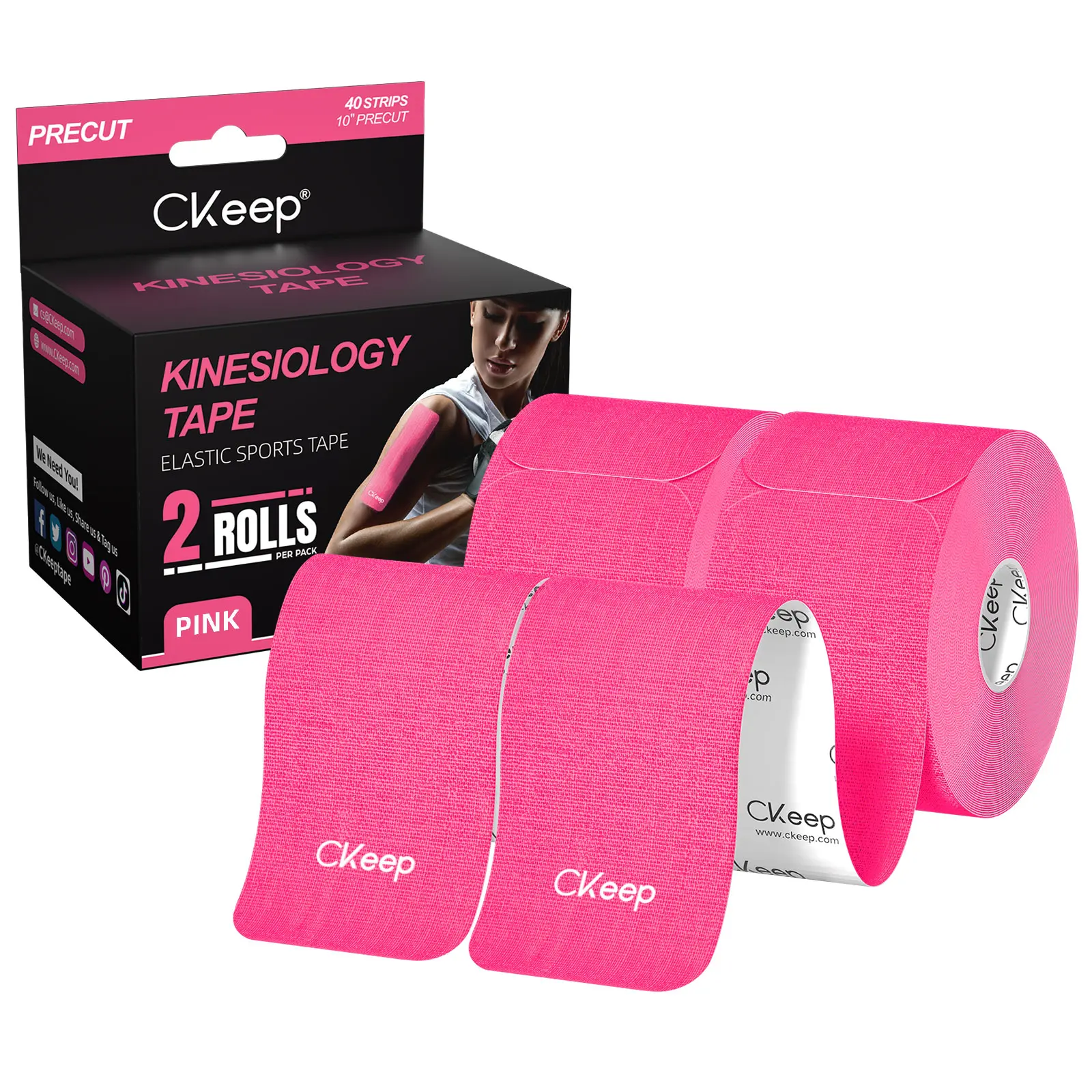 Original Cotton Kinesiology Tape, 2 Rolls, Precut Latex-Free tapes for Knee Shoulder Pain, Injuries & Sprains (Pink)
