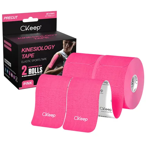 Pre-Cut Kinesiology Athletic Tape - 2 Pink Cotton Elastic Sports Tapes with Precut Strips, Skin Friendly Adhesive, Water-Resistant, Breathable, Latex-Free Injury Wrap, Enhances Movement, Gym-Ready Support for Weight Training Pain Relief