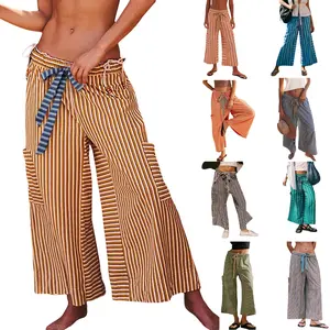 Yeokou Women's Drawstring Striped Pants - Loose Wide Leg Lounge Trousers with Pockets - 100% Cotton - Casual Palazzo Pants for Summer & Spring - Womenswear - Wideleg, Baggy