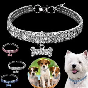 Pet dog rhinestone adjustable necklace  3 rows of rhinestone elastic necklace dog chain cat crystal collar pet supplies small dog jewelr
