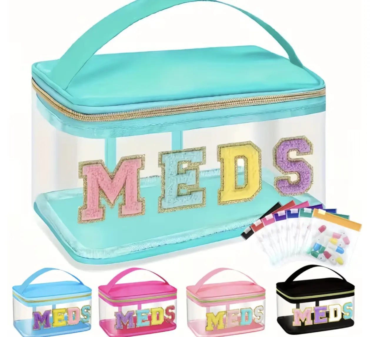 Reusable MEDS Organiser with Letter Patch, 7 Transparent EVA Self-Sealing Medicine Pouches, Waterproof Nylon Portable Storage for Home, Travel, Kitchen Use Utensils Compact Compact, Organize Meds, Toiletries, Seven Pouches