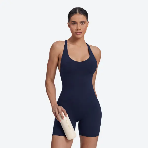 BetterMe Women's Midnight Navy Regular Fit Sleeveless Halter Crossback Bodyshort Unitard - Built-In Bra, Adjustable Straps, Soft Sweat-Wicking Fabric, Athletic Sportswear Jumpsuit - Universal Yoga Activewear for Gym Training, Dance