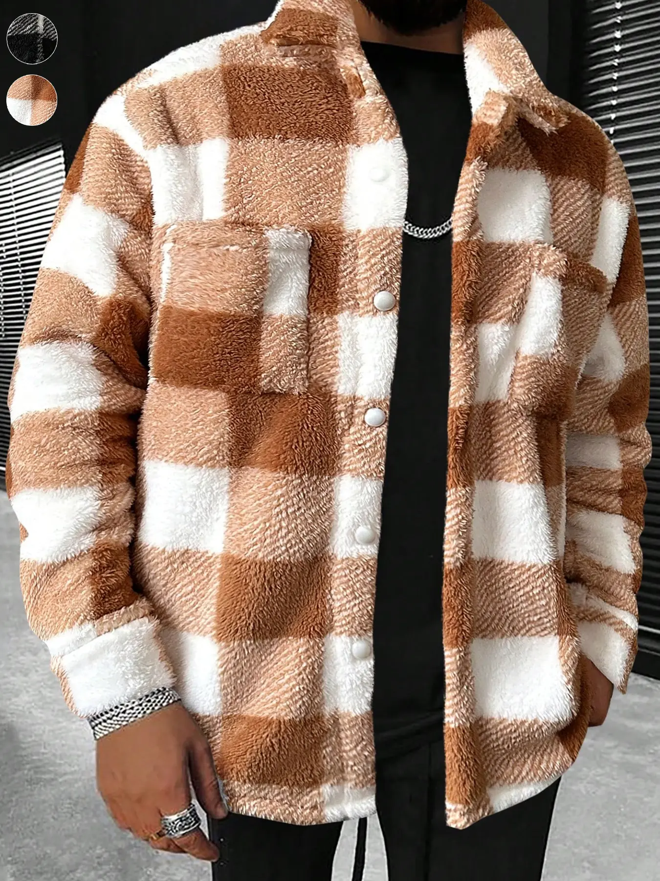 Men's Loose Soft Plush Checkered Shirt Jacket, Chessboard Thick Lamb Wool Coat, Winter Comfortable Flannel Shirt Overcoat, Street Style