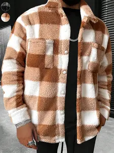 Men's Loose Soft Plush Checkered Shirt Jacket, Chessboard Thick Lamb Wool Coat, Winter Comfortable Flannel Shirt Overcoat, Street Style