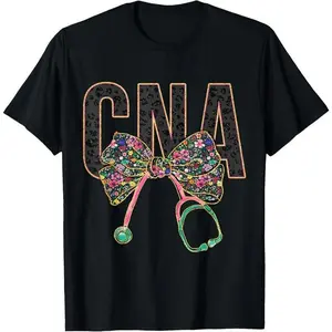 100%25 Cotton Girly CNA Nurse Coquette Bow Stethoscope Nursing Assistant T-Shirt