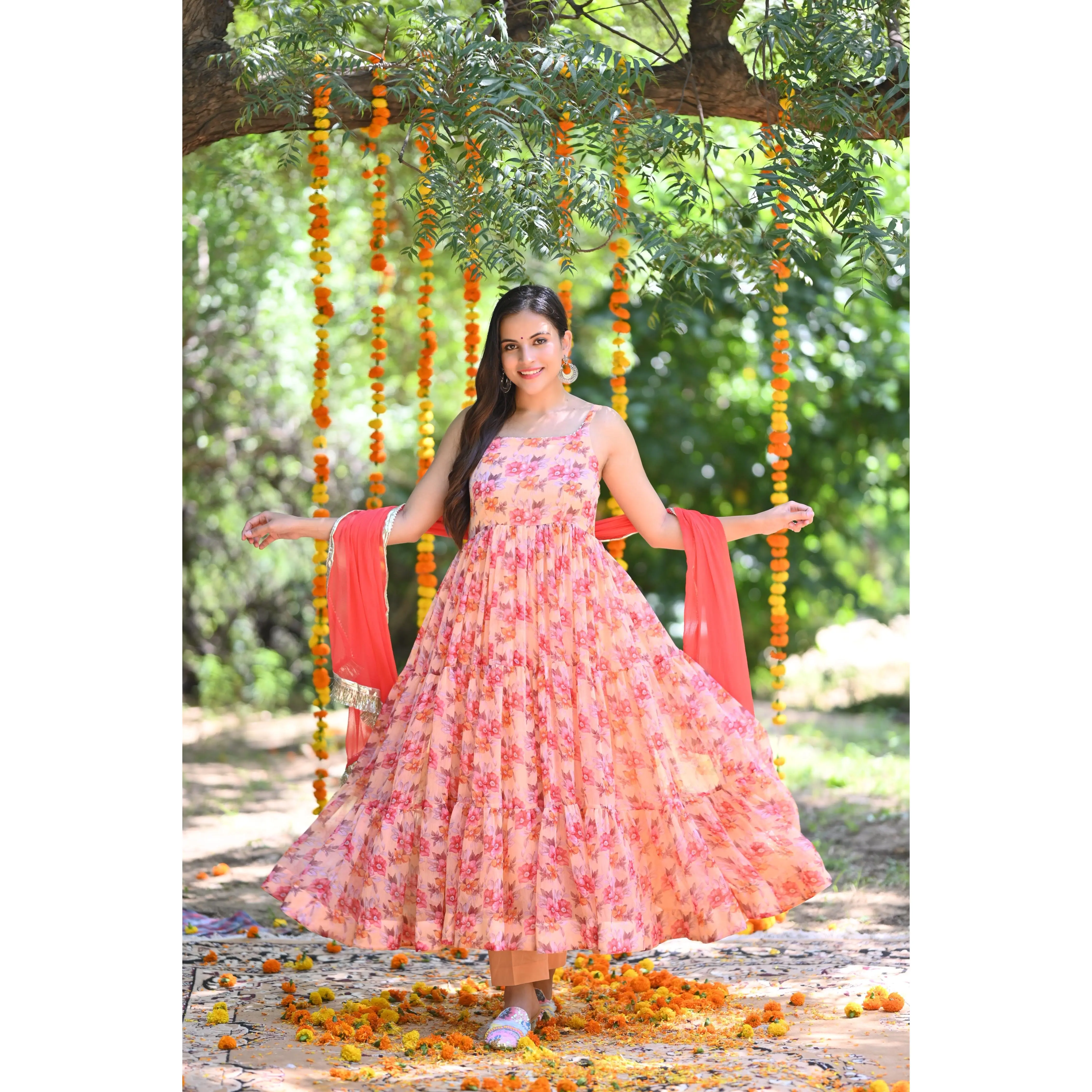 Peach floral Printed Anarkali