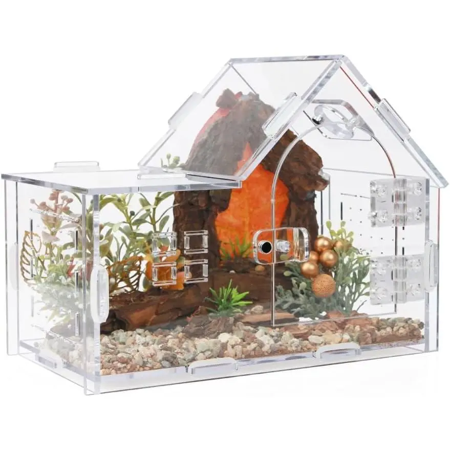 Transparent Acrylic Cabin Terrarium with Sloped Roof, Magnetic Front Door for Arboreal Pets - 7.9" L x 3.9" W x 5.9" H Small Reptile, Mantis Habitat, Reptile Habitat, H 5.9", L 7.9, Compact