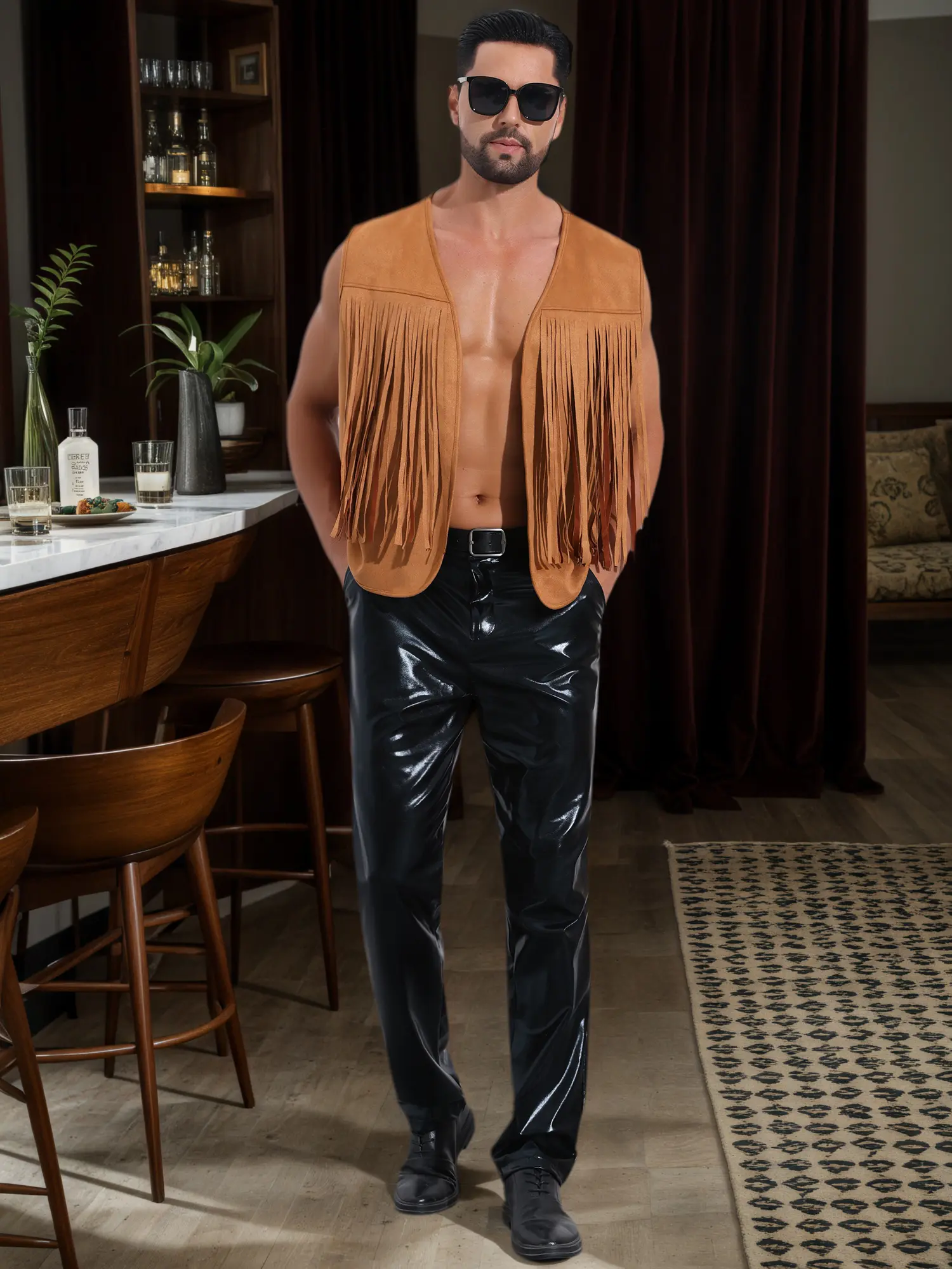 INSPIRE CHIC Brown Suede Fringe Vest Men's 70s Western Front Open Sleeveless Tassel Cardigan Jacket Waistcoat