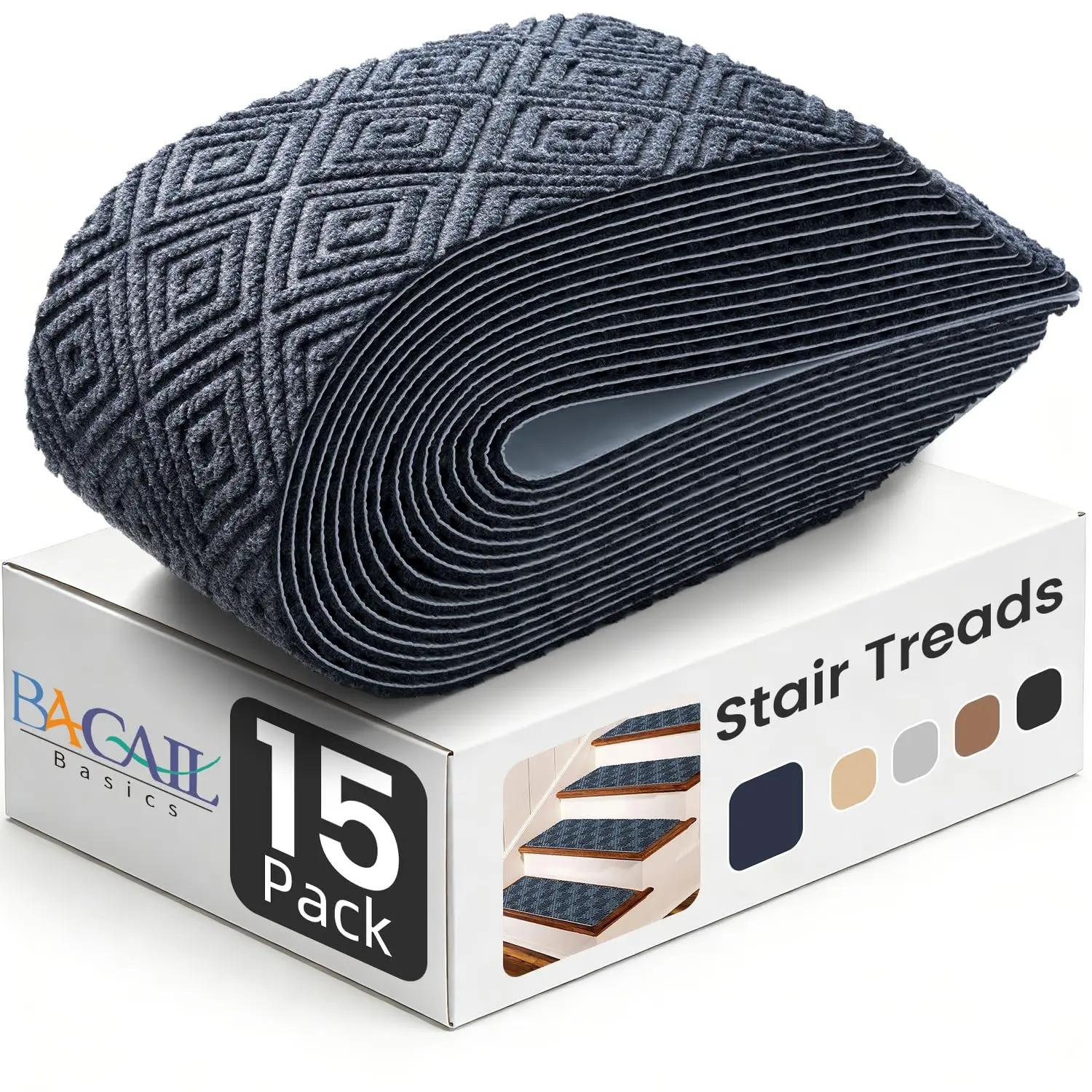 BAGAIL 15 Pack Non-Slip Stair Treads for Wooden Steps, 8"x30" Peel and Stick Carpet Stair Runners, Machine Washable Indoor Step Covers with No-Residue Adhesive for Dogs, Kids & Elderly