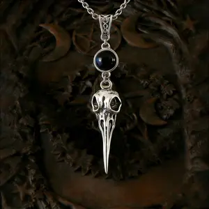 Witchy Jewelry - 925 Crow Skull Necklace, Gothic Raven Skull Necklace with Black Agate Pendant Stainless Steel