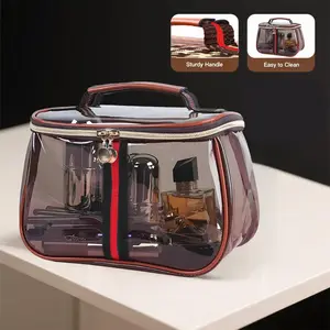 New Retro Vintage Vanity Bag, Capacity Makeup Organizer for Women, Ladies Travle Storage Case, Transparent Toiletry Bag, Portable Skincare Storage Case (Brown)-Does not include any accessories