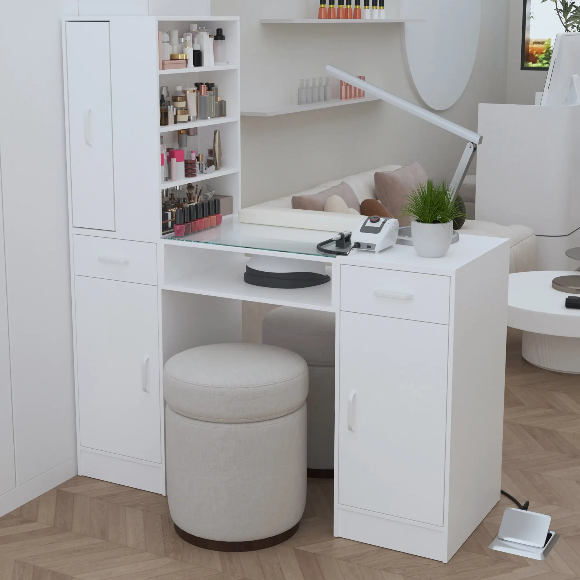 Manicure Table Nail Desk for Nail Tech with Glass Top & Wrist Rest,Nail Desk Station with Power Outlets,Shelves, Storage Cabinets, Drawers,Beauty Salon Workstation(White)