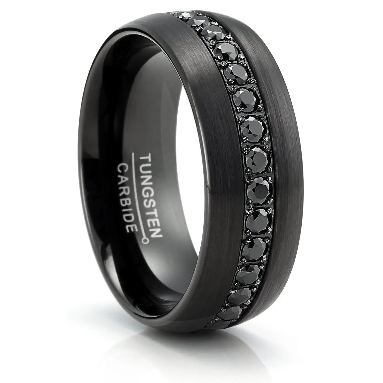 Men's Black Tungsten Wedding Band, 8MM Comfort-Fit Black Metal Artificial Gemstone Ring with 1.7Ct Round CZ Cubic Zirconia, Black Metal Artificial Gemstone Rings