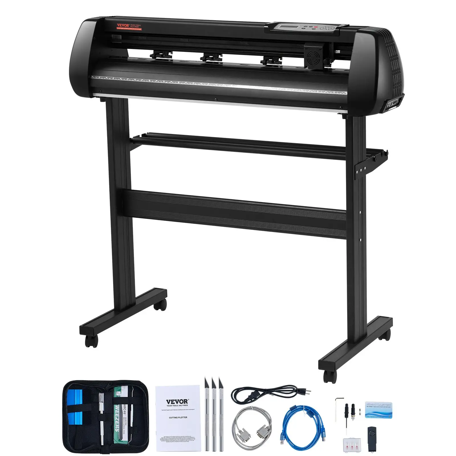 【Summerfinds】VEVOR 34in Vinyl Cutter Machine, Offline Bluetooth Sync Cutting Plotter with 400in/10m Steel Roller Shaft, Adjustable Speed & Force, SignMaster Software, Caster Base Vinyl Kit for Sign Making