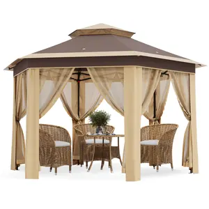 【GARVEE】13x13' Hexagonal Pop-Up Gazebo Tent with Mosquito Netting 6-Sided Instant Outdoor Canopy Sun Shelter Pavilion for Patio Khaki Beige or Light Grey Dark Grey
