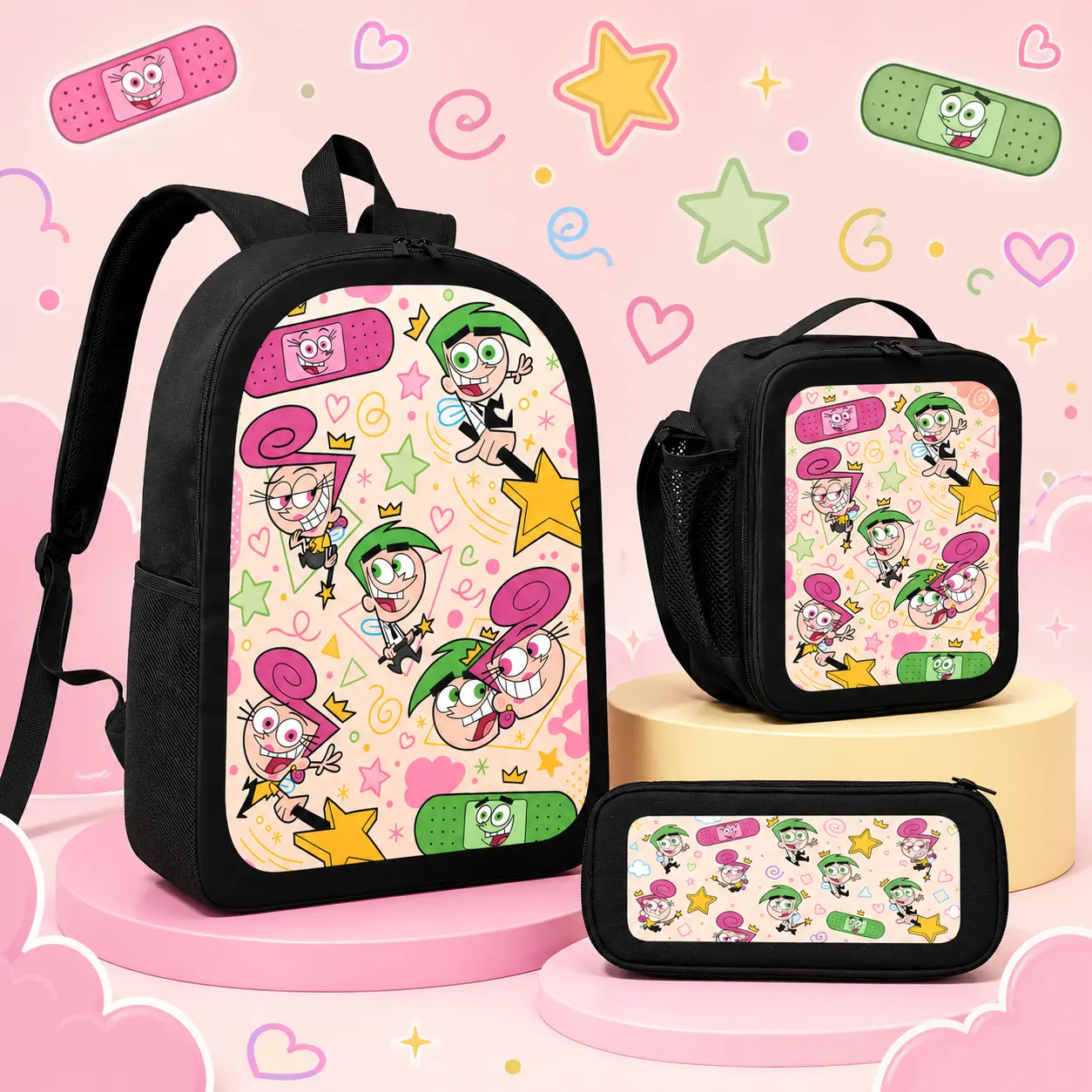 The Fairly OddParents Graphic Backpack Set - Cute Lightweight Laptop Backpack with Side Mesh Pockets, Adjustable Straps, for Back to School Hauls, Campus Life Student Bookbag, Students