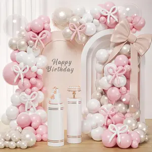 Pink Bow Balloons Arch Kit 147Pcs Coquette Birthday Decorations Pink And White Balloon With Double-Stuffed Pearl White Sand Long Bobo Balloon For Girls Baby Shower Coquette Birthday Party Decorations