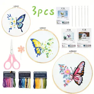 Set of 3 Embroidery Beginners,Butterfly Embroidery Set for Beginners,Embroidery Set with Embroidery Hoop,Embroidered Fabric,Colour Threads and Tools Kit,Embroidery Set for Beginners DIY Cross