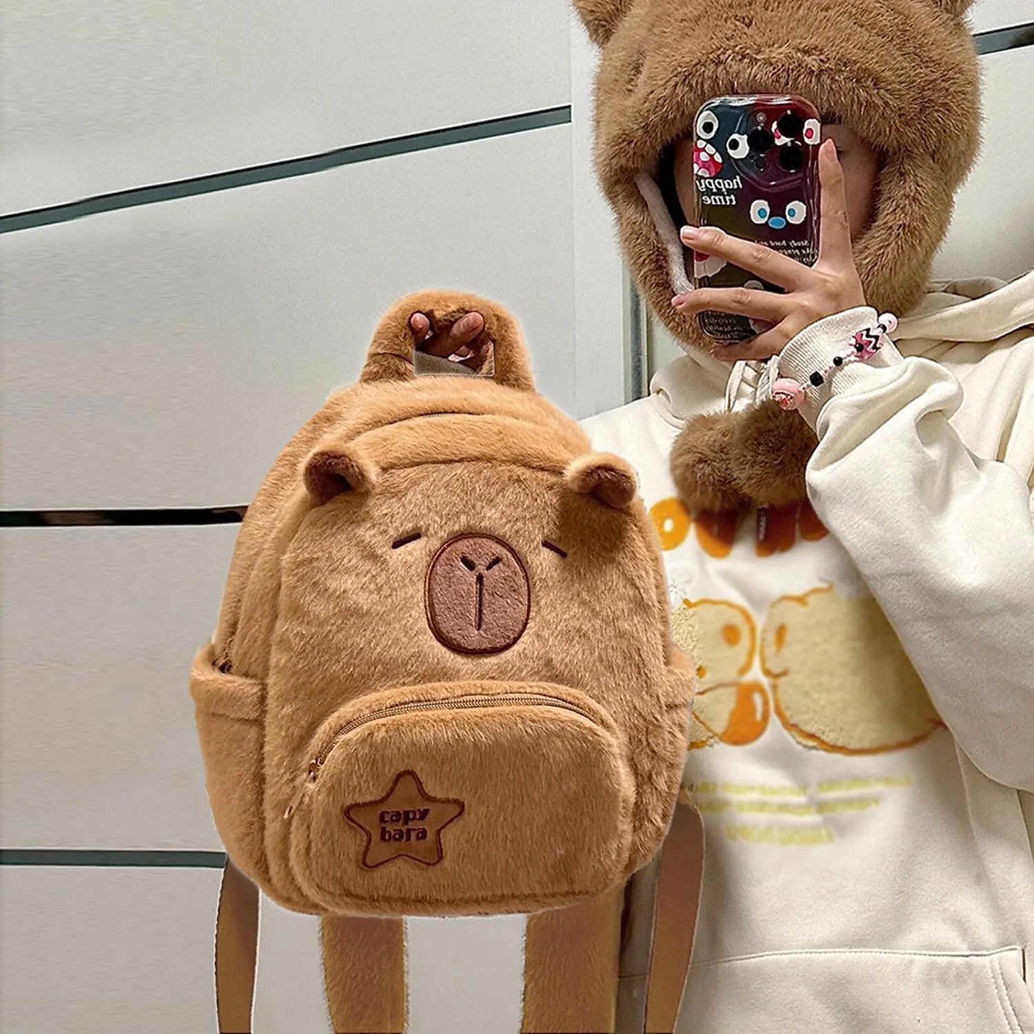 Women's Cute Capybara Plush Backpack, Fluffy Cartoon Animal Schoolbag with Zipper for Travel and Daily Use, Cute Backpack, Cute Design
