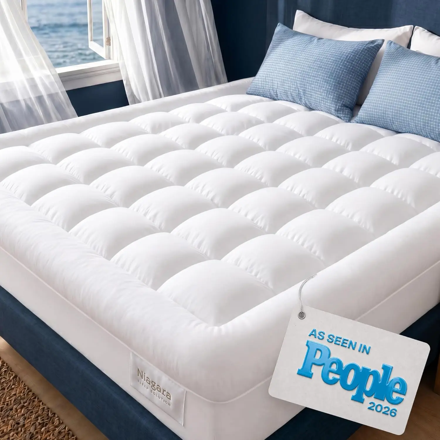 Niagara Cloud-Like 100% Cotton Cooling Soft Noiseless Mattress Topper - Breathable Pillow Top for Hot Sleepers, White Pad/Protector, Free from Latex and Formaldehyde, Secure Deep Pocket Fit
