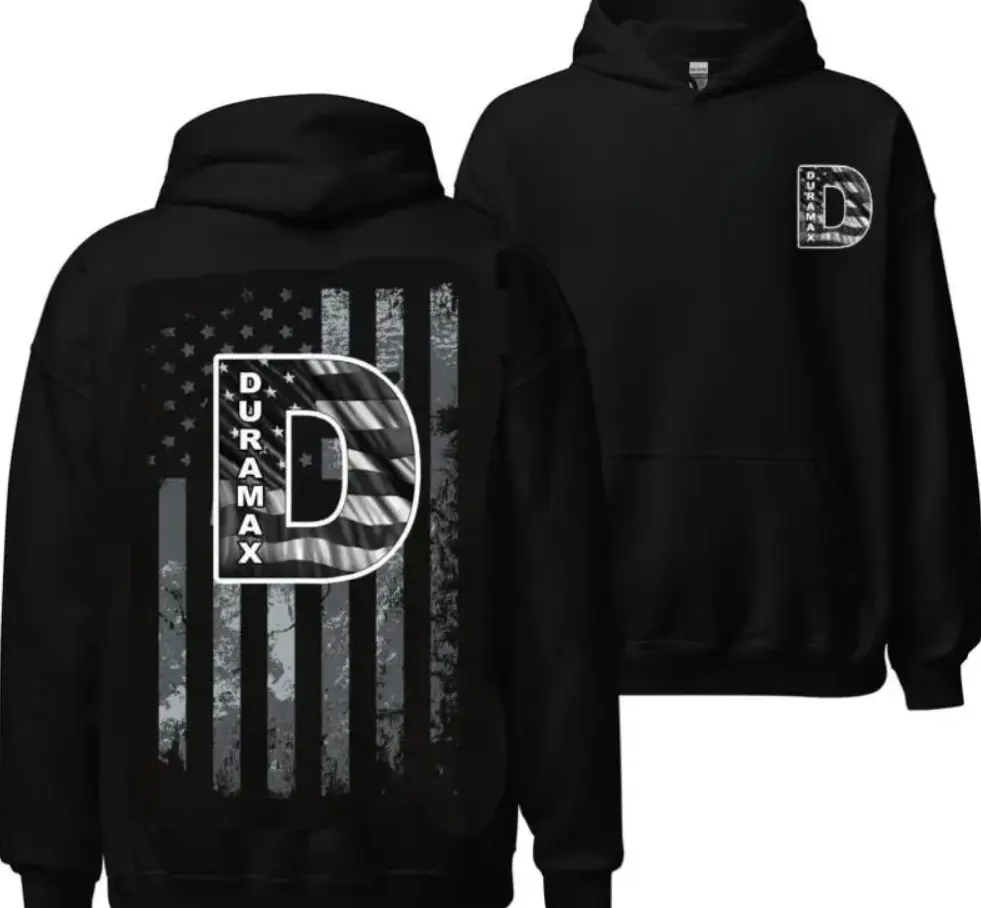 Duramax Diesel Men's Hoodie, Distressed American Flag Graphic Pullover, Two-Sided Patriotic Trucker Sweatshirt, Diesel Truck Enthusiast Gift, Casual Streetwear Hooded Outfit